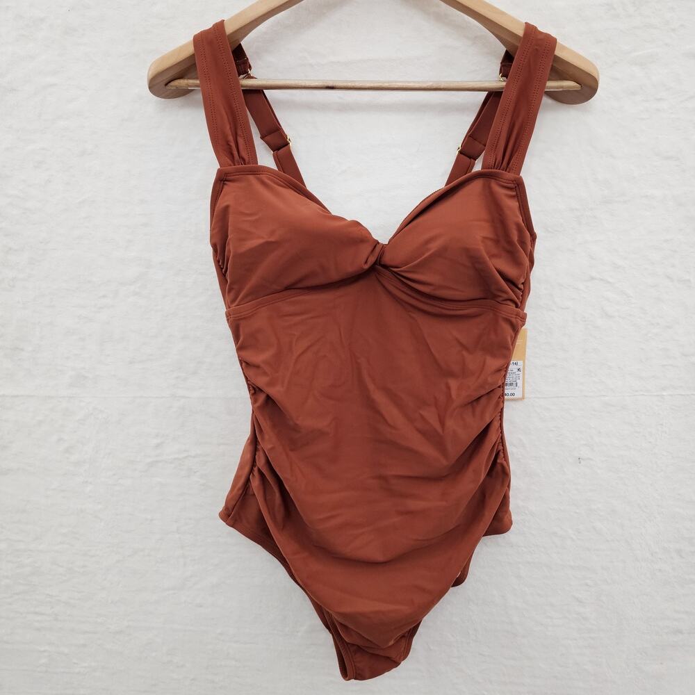 NWT Swimsuit L Brown Twist Front One Piece Modest Resort Coquette Minimalist